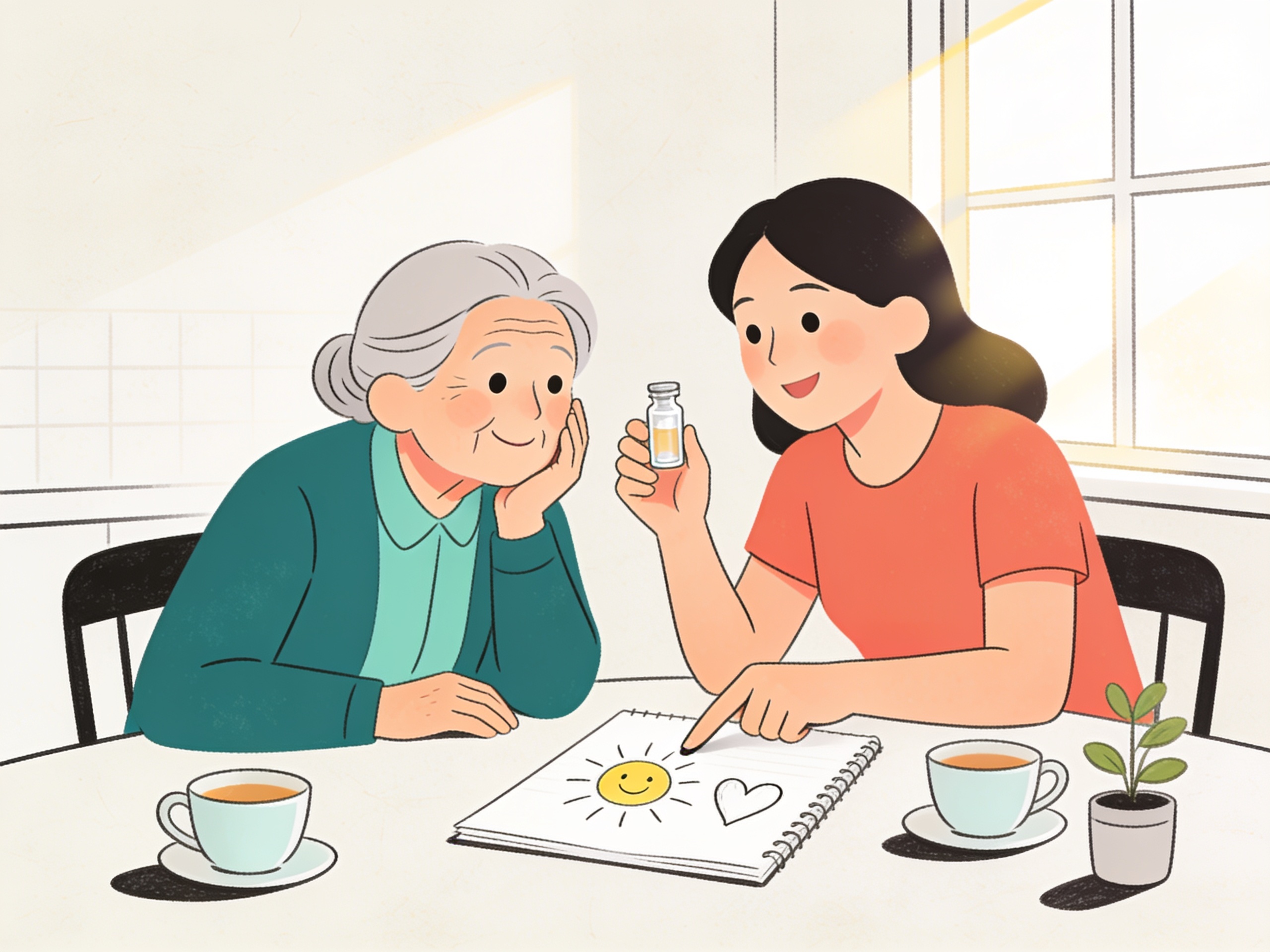 A granddaughter explaining a small vial to her grandmother at a kitchen table